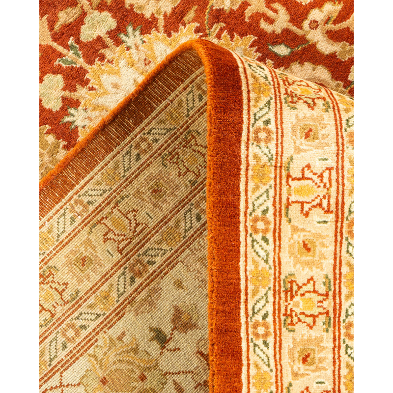 Hand-Knotted Ivory and Orange Wool 8' x 10' Oriental Rug