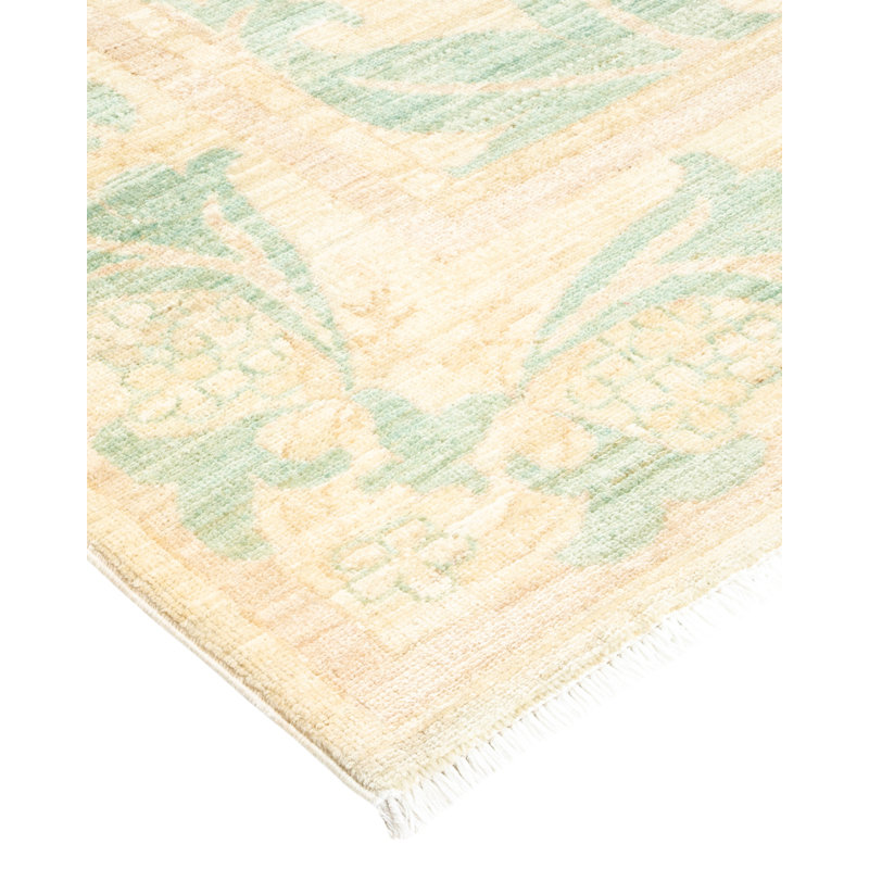 Hand-Knotted Ivory Wool Area Rug with Floral Motif
