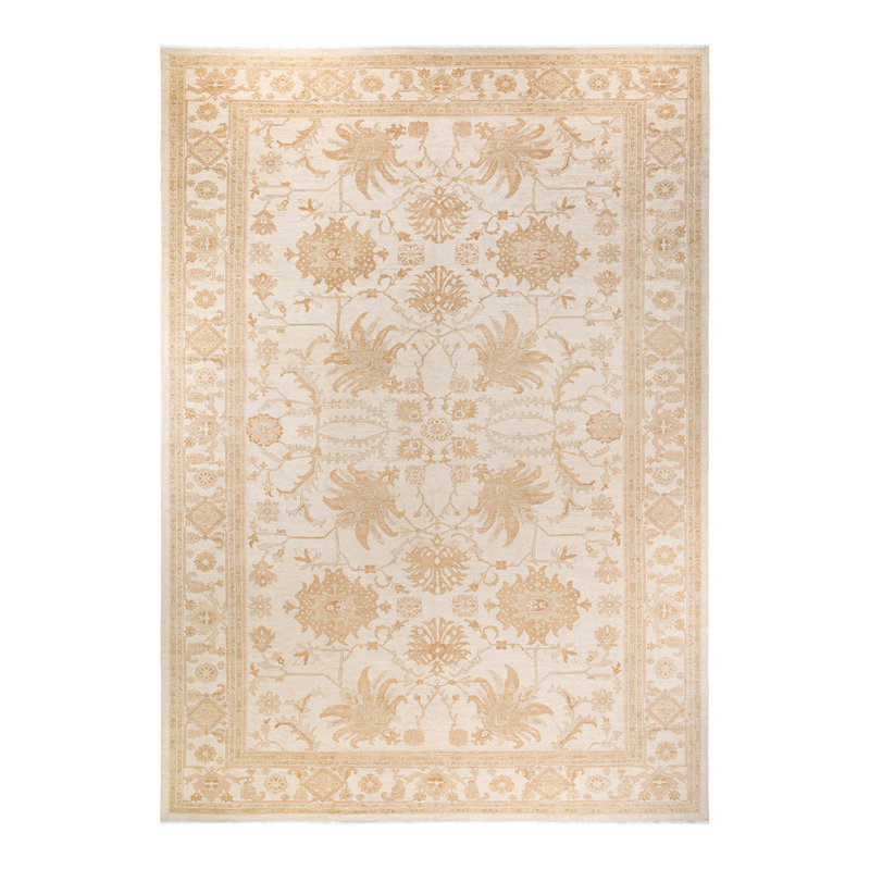 Elegant Ivory Floral Hand-Knotted Wool Area Rug 11'10" x 17'8"