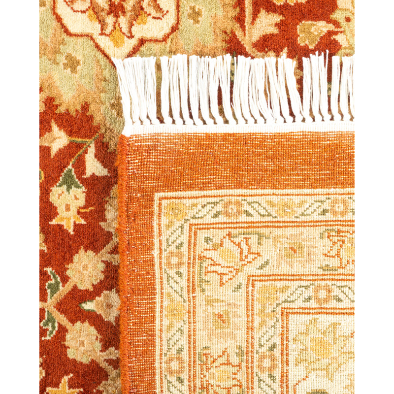 Hand-Knotted Ivory and Orange Wool 8' x 10' Oriental Rug