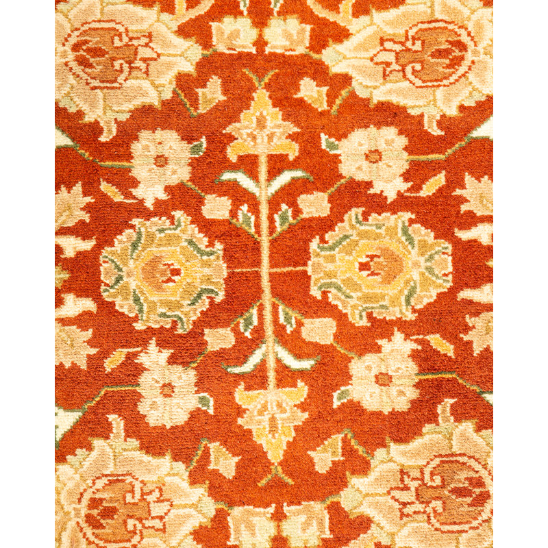 Hand-Knotted Ivory and Orange Wool 8' x 10' Oriental Rug