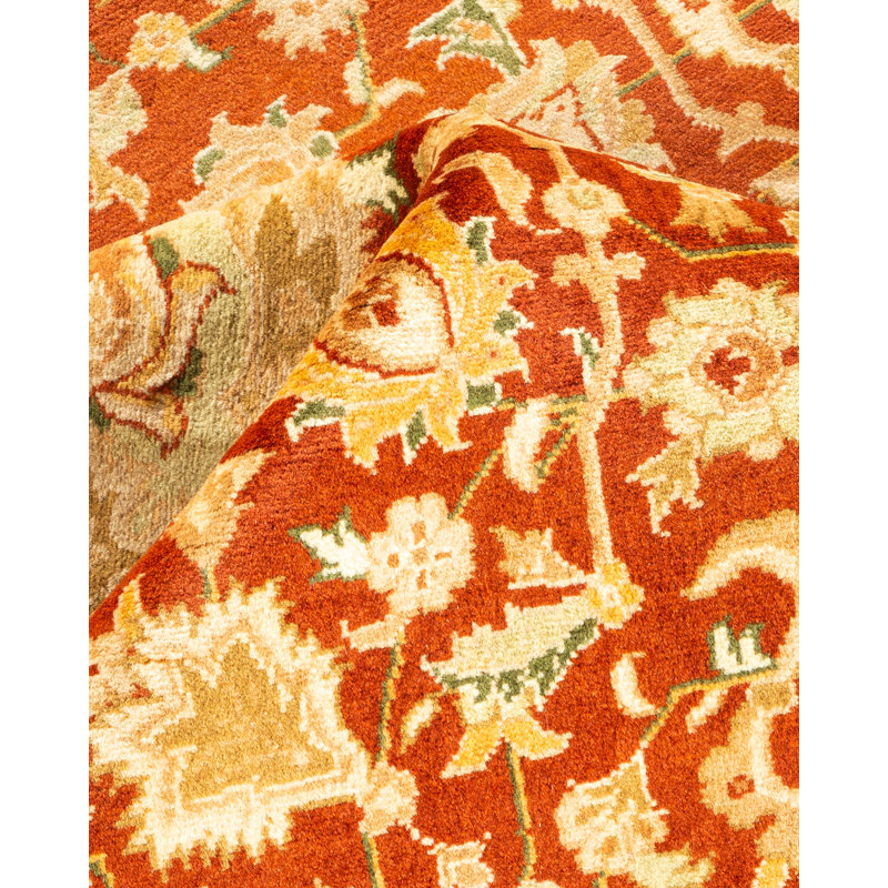 Hand-Knotted Ivory and Orange Wool 8' x 10' Oriental Rug