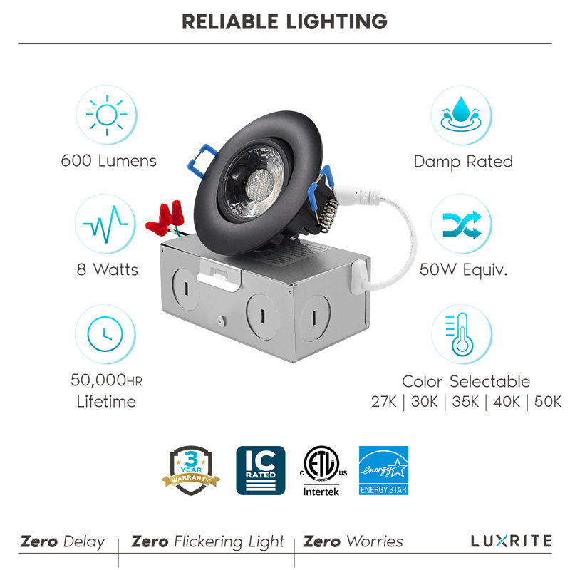 Black Adjustable LED Gimbal Canless Recessed Lighting Kit with Junction Box
