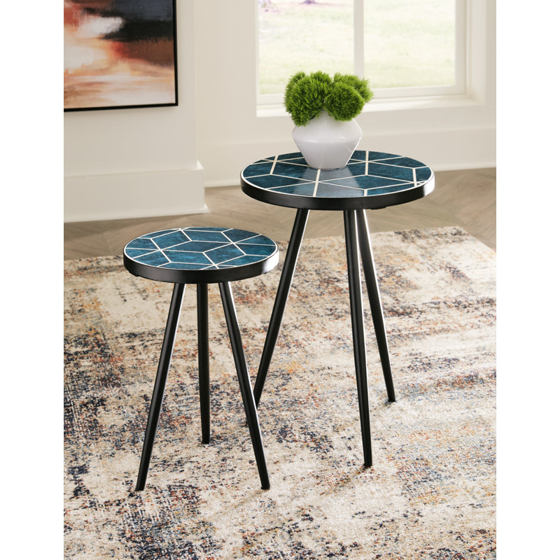 Teal and Black Round Stone Top Accent Tables