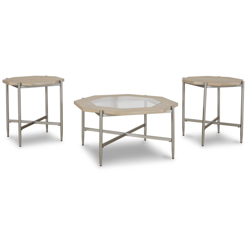 Beige Octagonal Glass and Metal Table Set