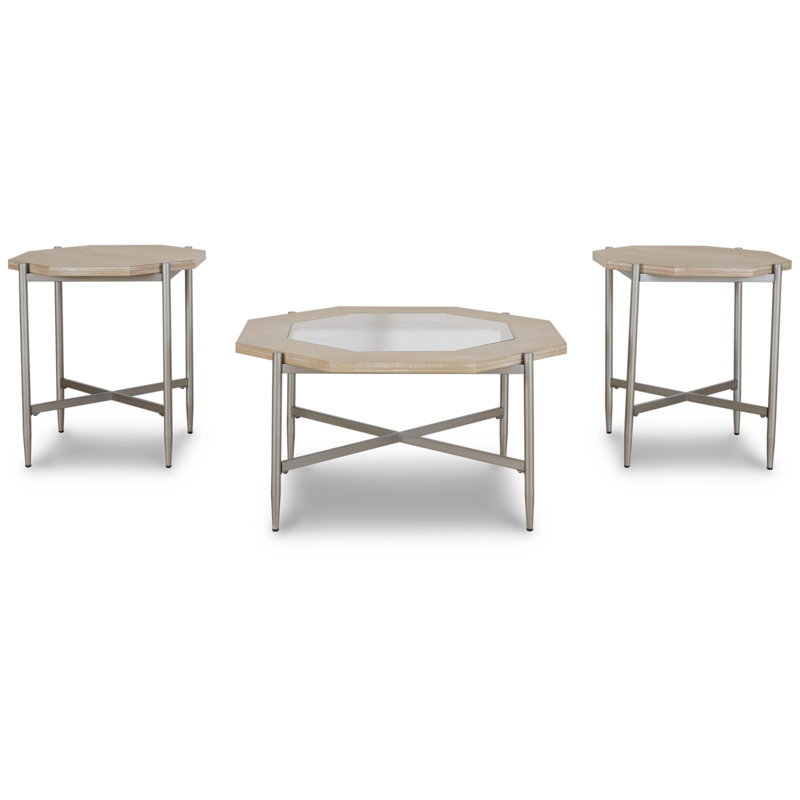 Beige Octagonal Glass and Metal Table Set