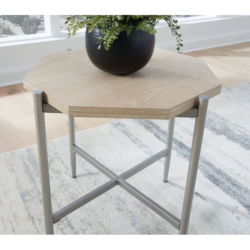 Beige Octagonal Glass and Metal Table Set