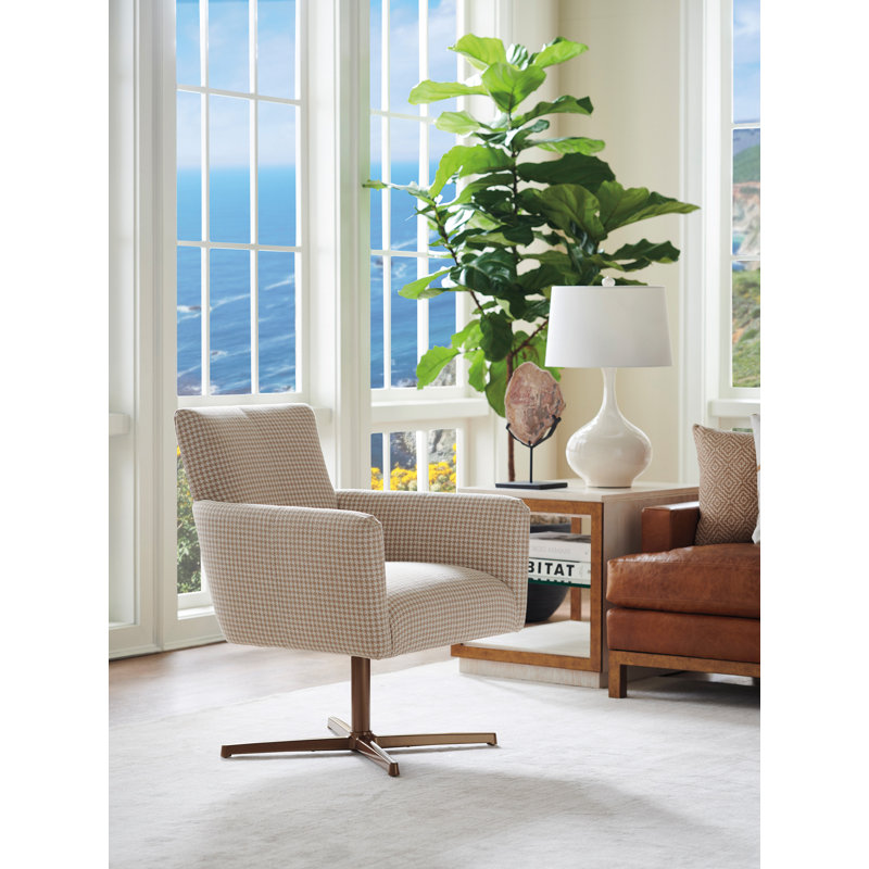 Barclay Butera White Faux-Sheepskin Swivel Armchair with Bronze Metal Base