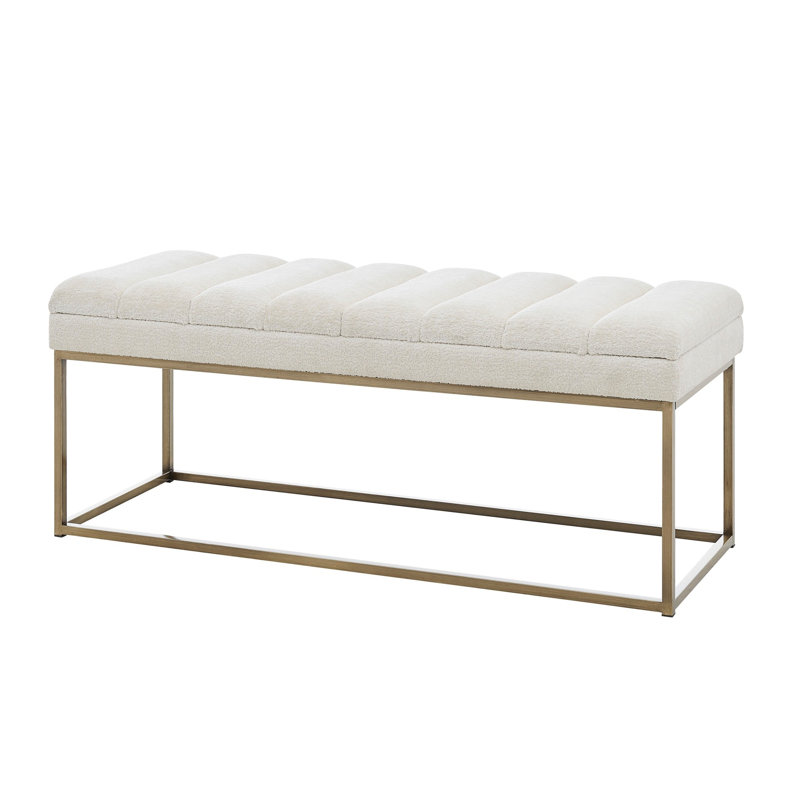 Cream Polyester Upholstered Bench with Brushed Gold Steel Base