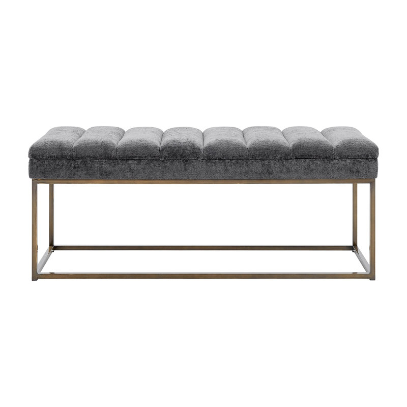 Gray Upholstered Bench with Brushed Gold Steel Base