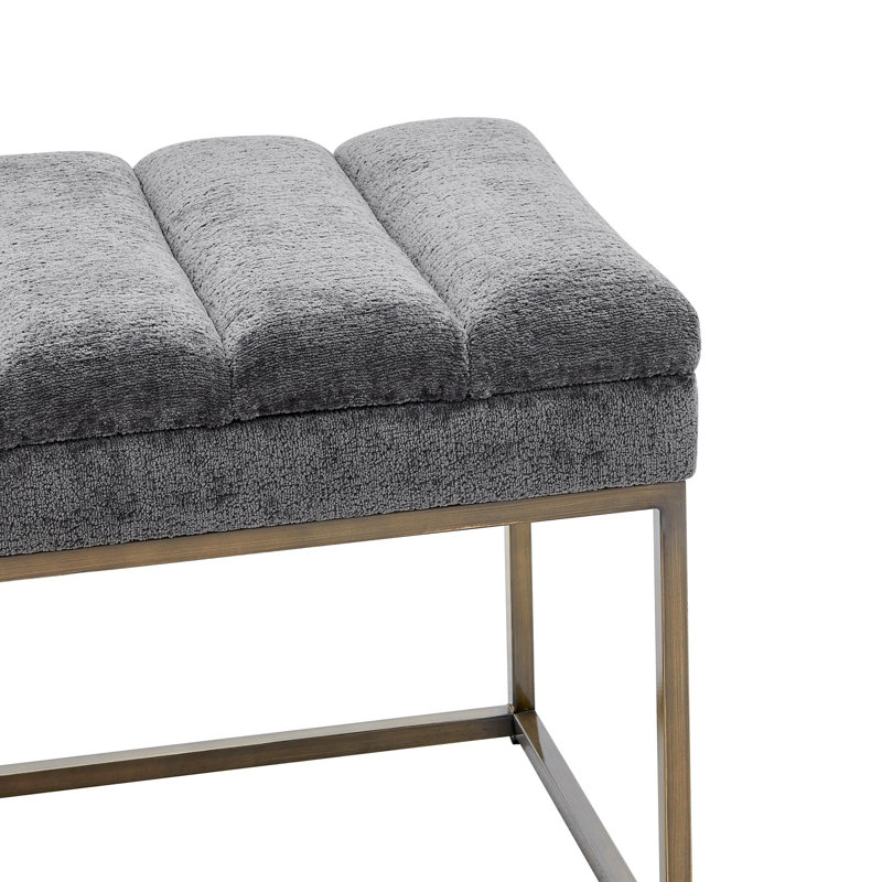 Gray Upholstered Bench with Brushed Gold Steel Base