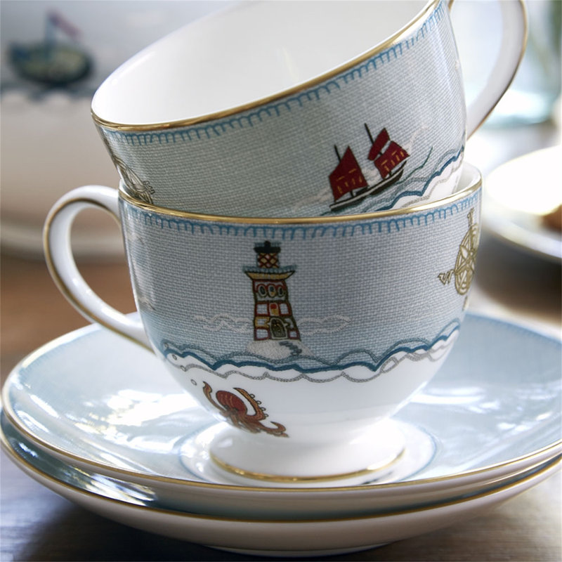Nautical Multi-Color Fine Bone China Teacup and Saucer Set