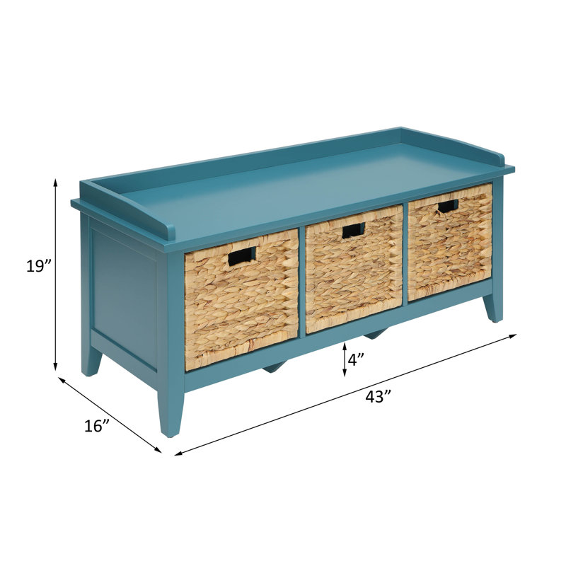 Teal Wood Storage Bench with Rattan Baskets