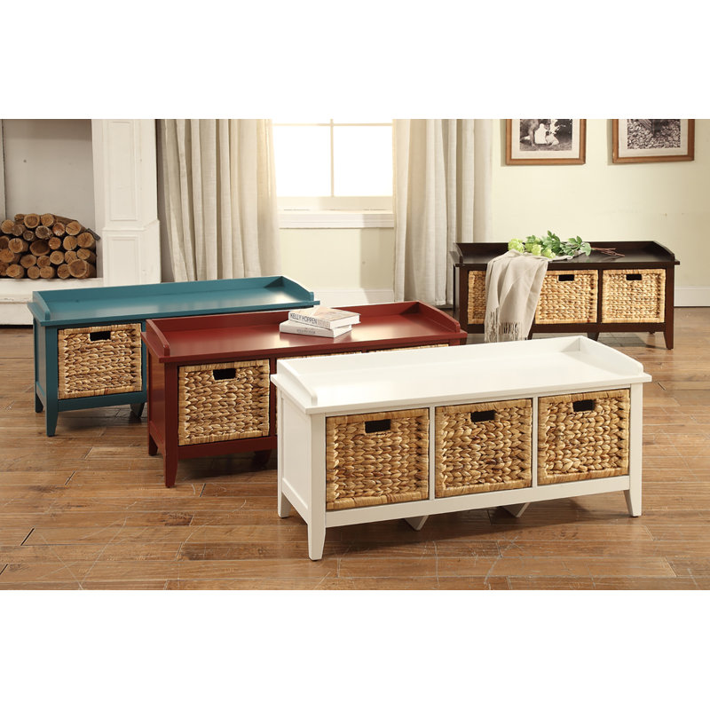 Teal Wood Storage Bench with Rattan Baskets