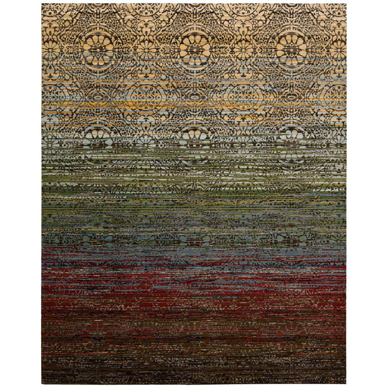 Cosmic Harmony Abstract Wool Blend 9'9" x 13' Rug in Blue and Crimson