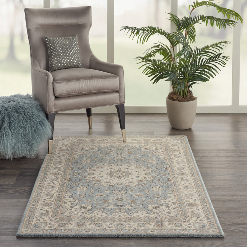 Aqua and Ivory Floral Elegance Wool Blend Area Rug, 5'6" x 8'3"