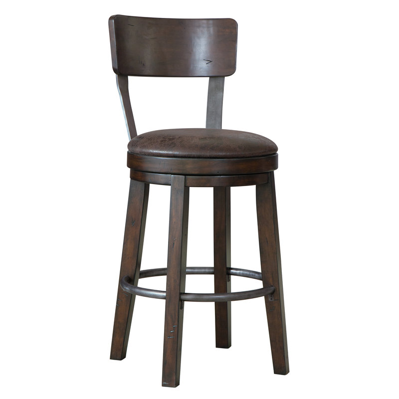 Brown Swivel Wood and Metal Bar Stool with Leather Seat