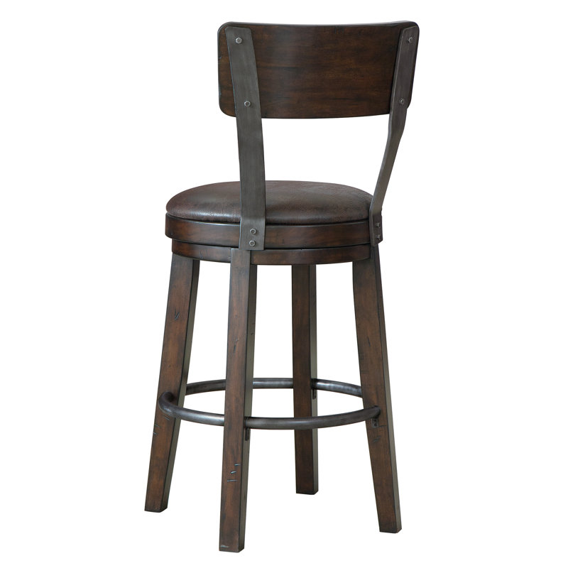 Brown Swivel Wood and Metal Bar Stool with Leather Seat