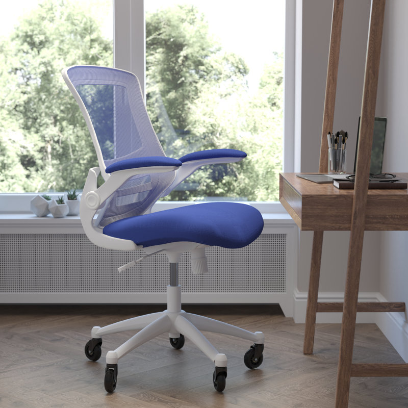 Blue Mesh Mid-Back Ergonomic Task Chair with White Frame and Flip-Up Arms