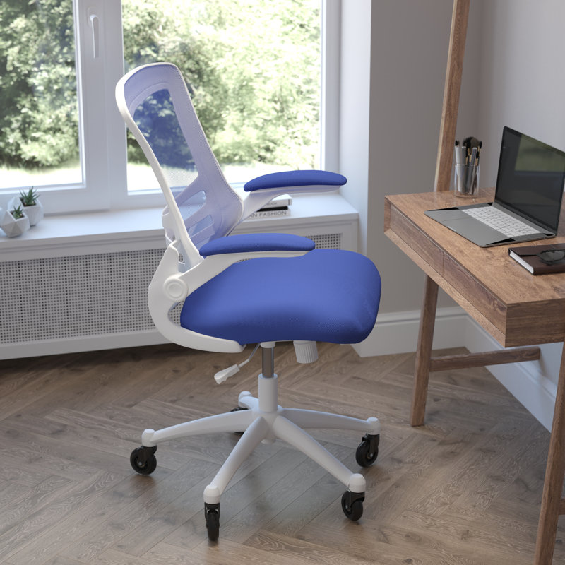 Blue Mesh Mid-Back Ergonomic Task Chair with White Frame and Flip-Up Arms