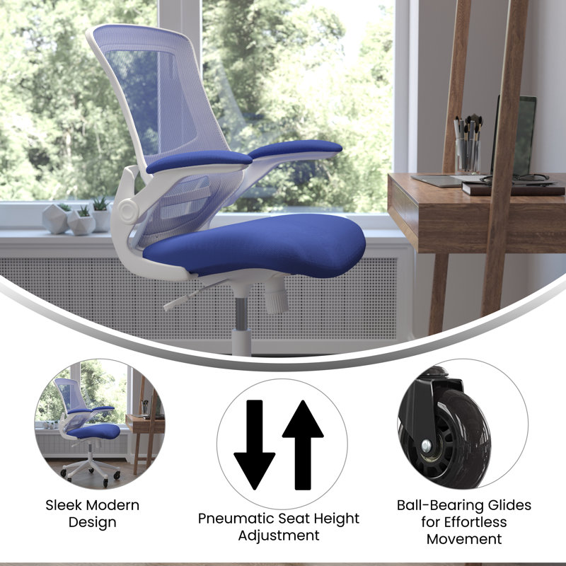 Blue Mesh Mid-Back Ergonomic Task Chair with White Frame and Flip-Up Arms