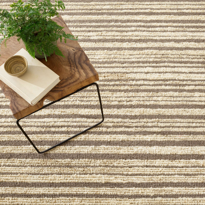 Gray and Beige Handwoven Wool Stripe Rug, 10' x 14'