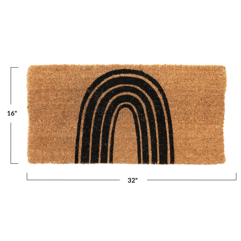 Tan and Black Coir Outdoor Doormat with Rainbow Design