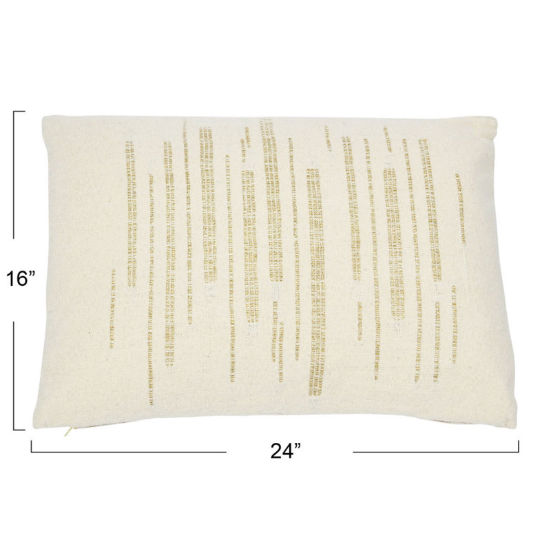 24"x16" Woven Cotton Slub Lumbar Pillow with Gold Embroidery