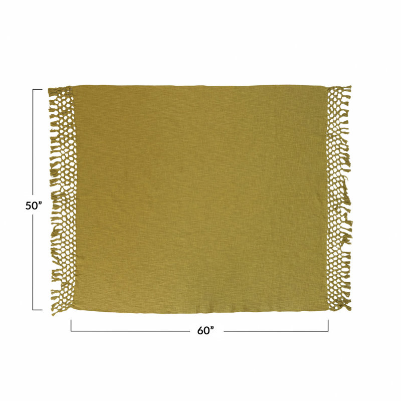 Green Cotton Crocheted Throw Blanket with Fringe