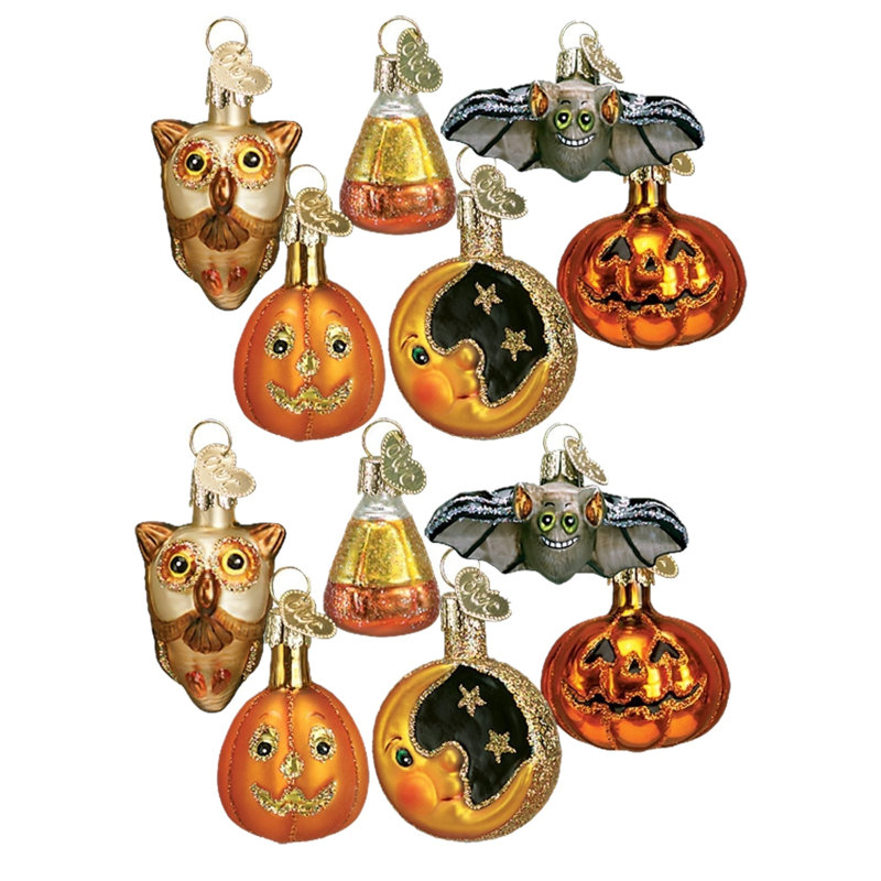 Miniature Halloween Glass Ornament Set with Pumpkin and Owl
