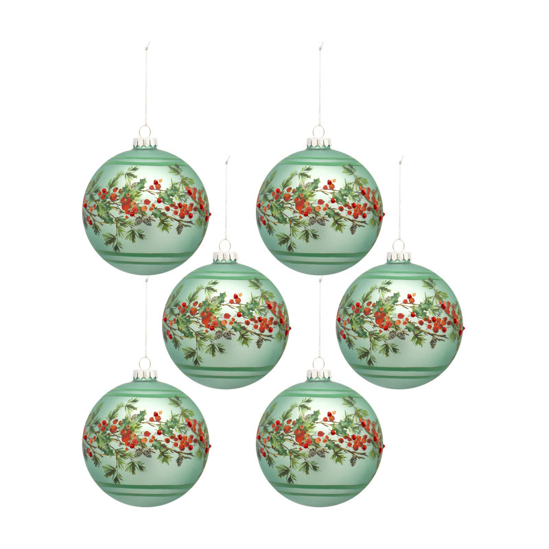 Set of 6 Green Glass Pine and Berry Ball Ornaments