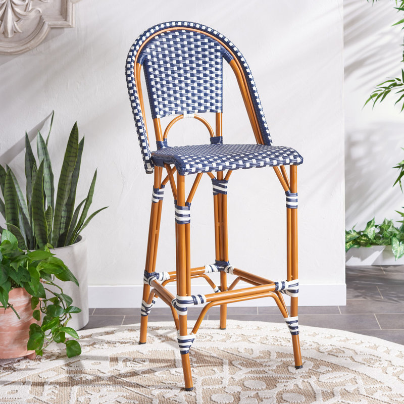 Navy and White Wicker Rattan Outdoor Bar Stool with Aluminum Frame
