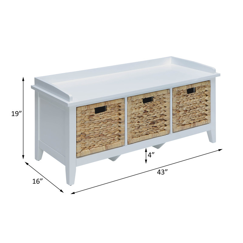 White Wood and Rattan Storage Bench with Drawers