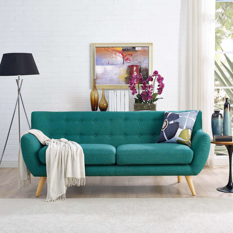 Teal Tufted Mid-Century Modern Fabric Sofa with Wood Legs