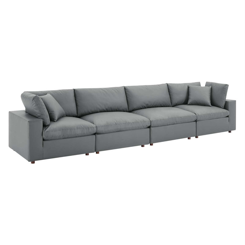 Gray Faux Leather Four Piece Sofa with Down Fill Cushions