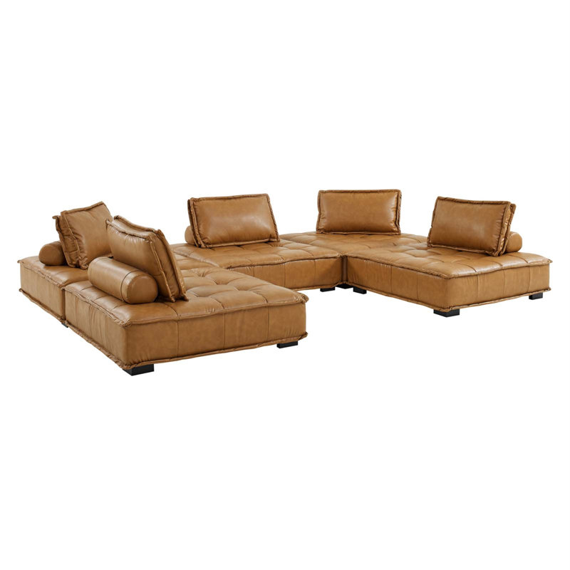 Tan Tufted Faux Leather 5-Piece Sectional Sofa