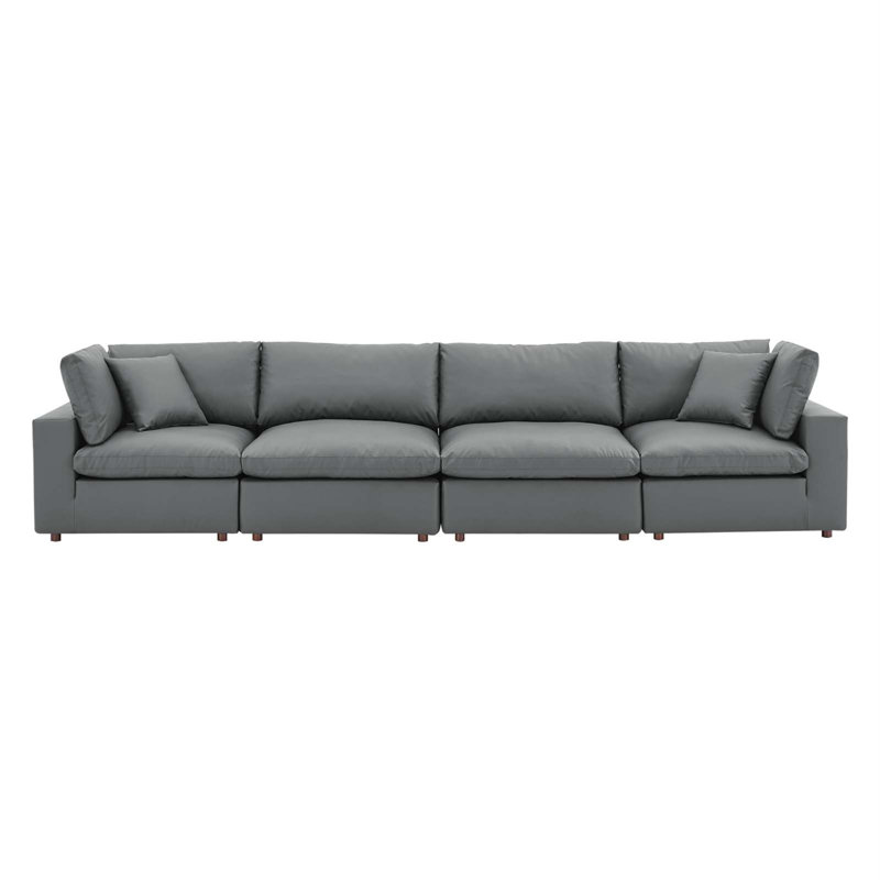 Gray Faux Leather Four Piece Sofa with Down Fill Cushions