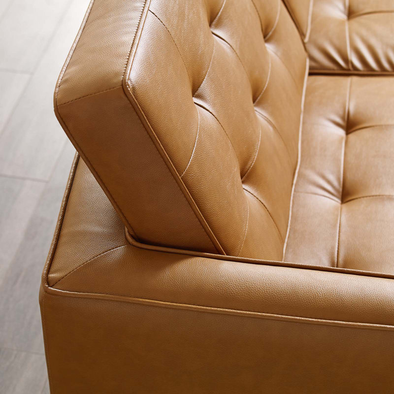 Silver Tan Tufted Faux Leather Sofa with Metal Frame