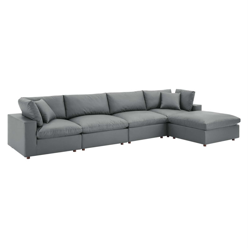 Luxurious Gray Faux Leather 5-Piece Sectional with Ottoman