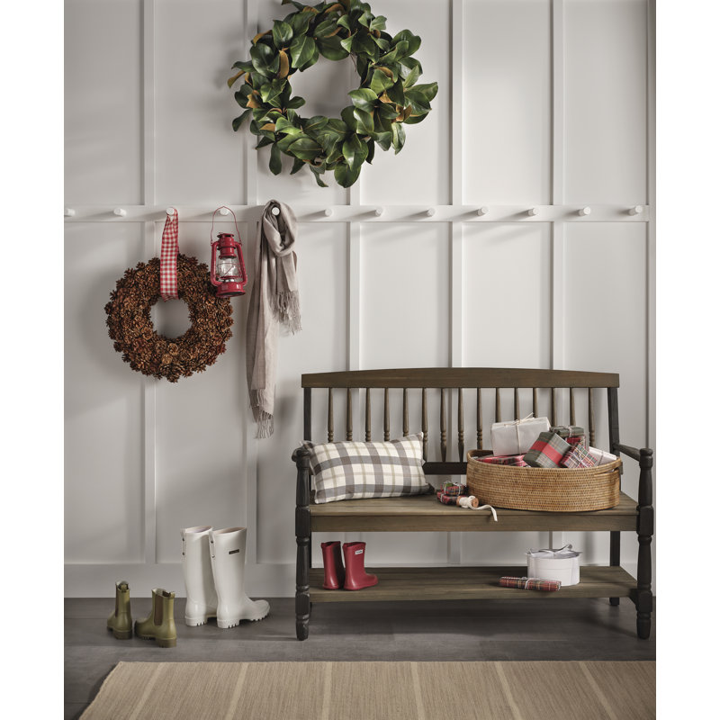 Gray and Black Acacia Wood Farmhouse Bench with Shelf