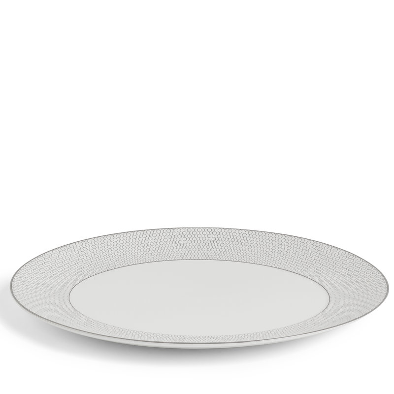 White Ceramic Oval Serving Platter with Platinum Geometric Print