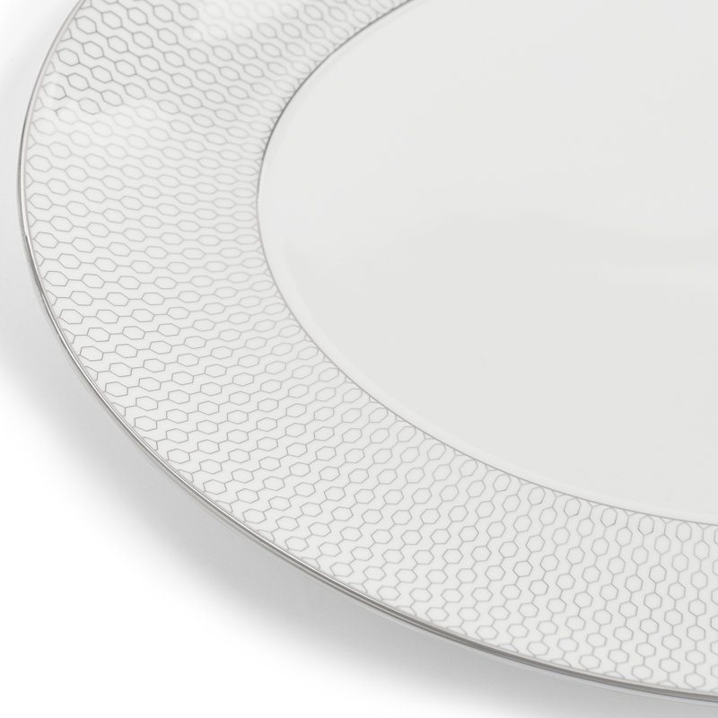 White Ceramic Oval Serving Platter with Platinum Geometric Print
