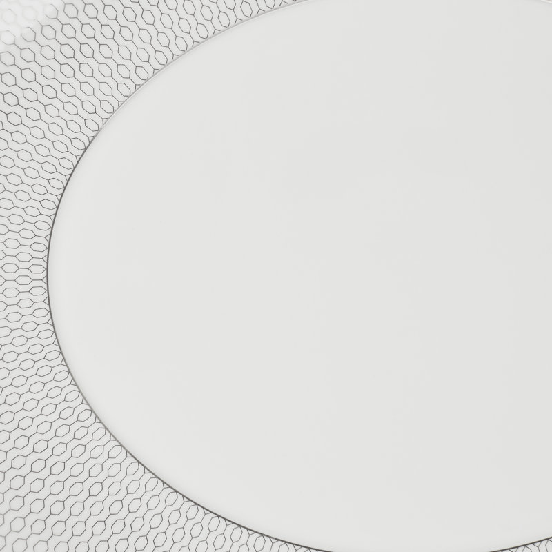White Ceramic Oval Serving Platter with Platinum Geometric Print