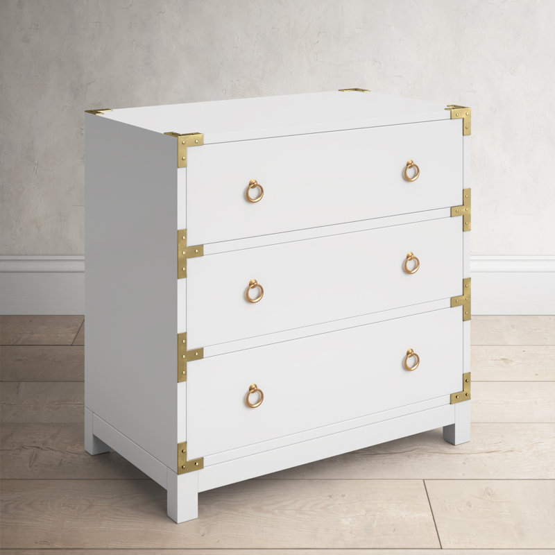Forster Glossy White 3-Drawer Accent Chest with Steel Accents