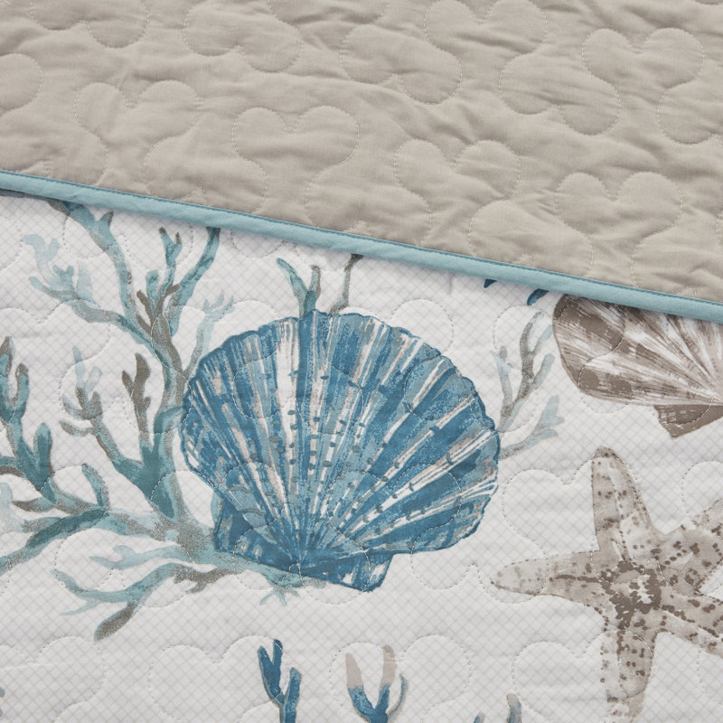 Aqua Blue Cotton Reversible Coastal Quilt Set, Full