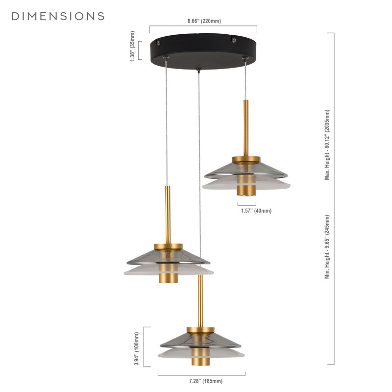 Verona Adjustable Height 16" Gold & Black LED Pendant with Glass Shades