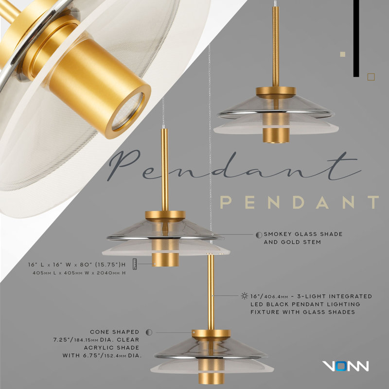 Verona Adjustable Height 16" Gold & Black LED Pendant with Glass Shades