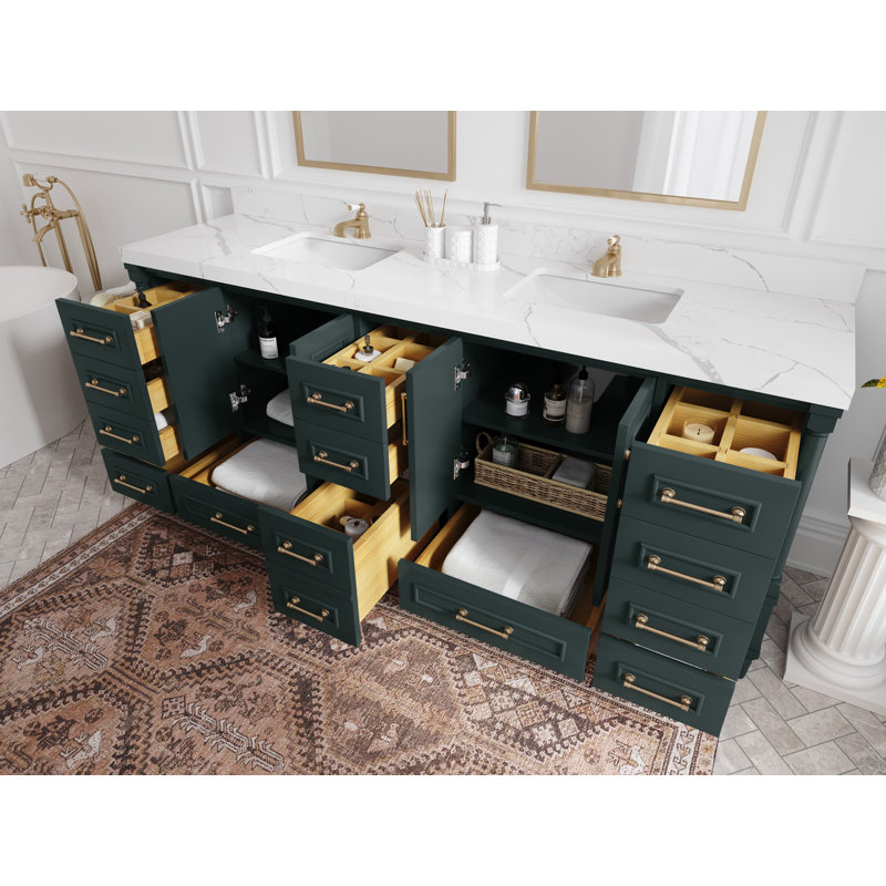 Aberdeen 84'' Dark Green Double Bathroom Vanity with Quartz Top