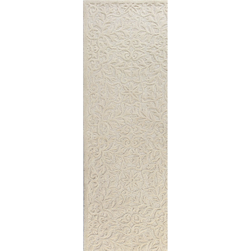 Ivory Floral Motif Tufted Wool Runner Rug