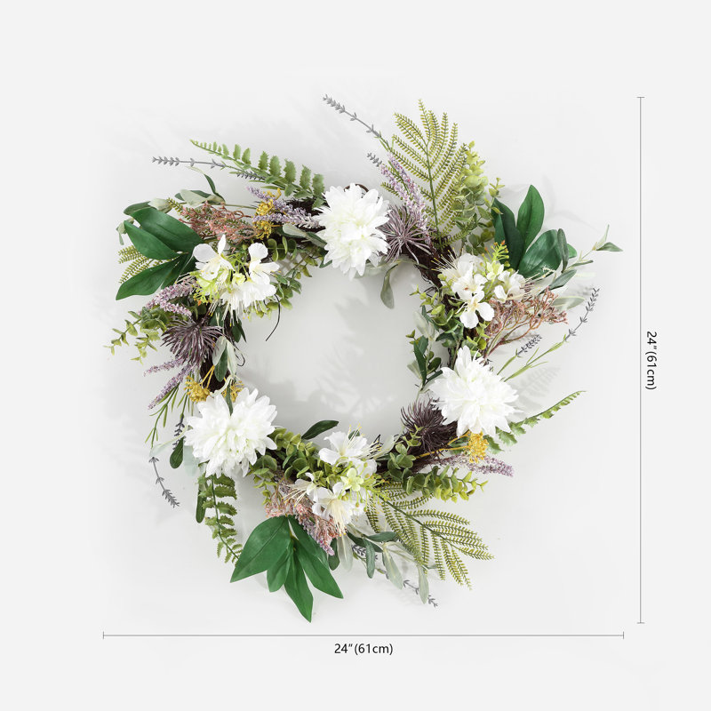 Lively Spring Splendor 24" Faux Dahlia & Olive Green/White Wreath